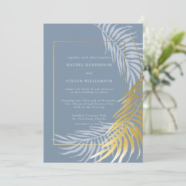 Elegant Dusty Blue and White Tropical Wedding Invitation (Standing Front)