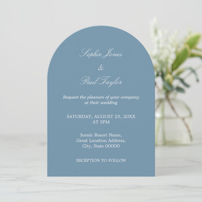 Elegant Dusty Blue Arch Wedding Invitation (Standing Front)