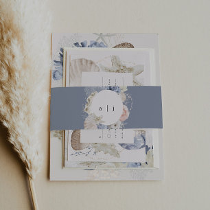 Elegant Dusty Blue Beach Wedding Invitation Belly Band
