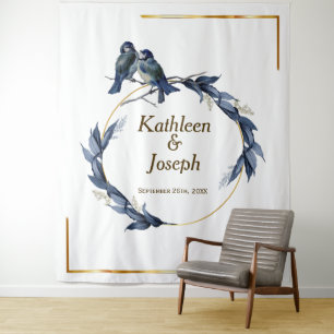 Elegant Dusty Blue Birds White Wedding Backdrop Tapestry
