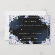 Elegant Dusty Blue Black Floral Wedding RSVP Card