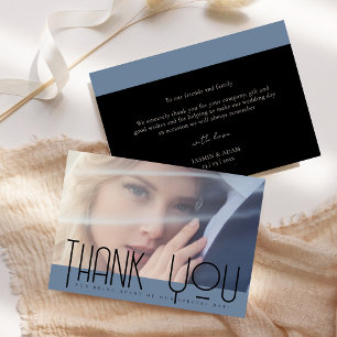 Elegant Dusty Blue Black Photo Wedding Thank You Card