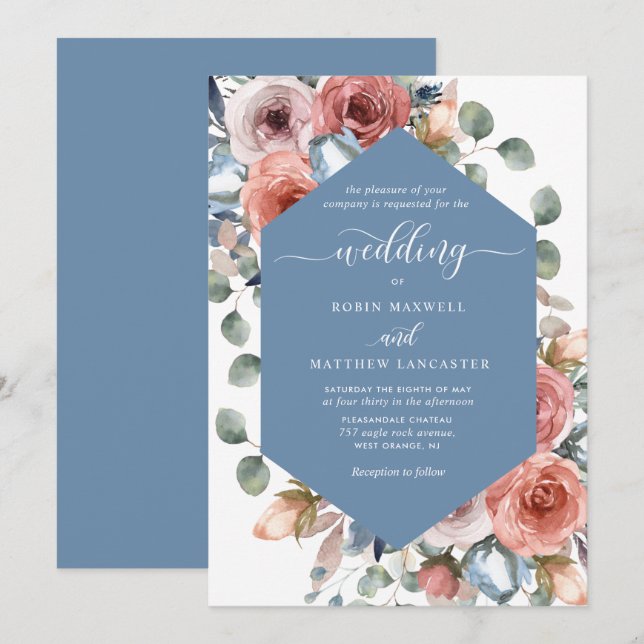 Elegant Dusty Blue Blissful Floral Wedding Invitation (Front/Back)