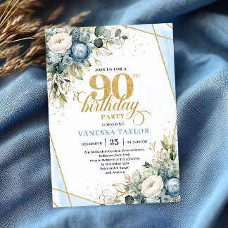 Elegant dusty blue blooms 90th birthday invite 
