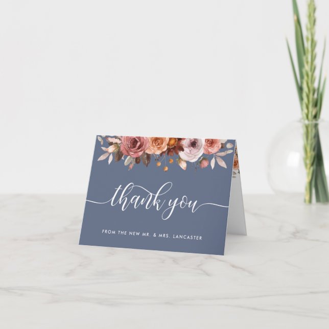 Elegant Dusty Blue, Blush and Burgundy Floral Thank You Card (Front)