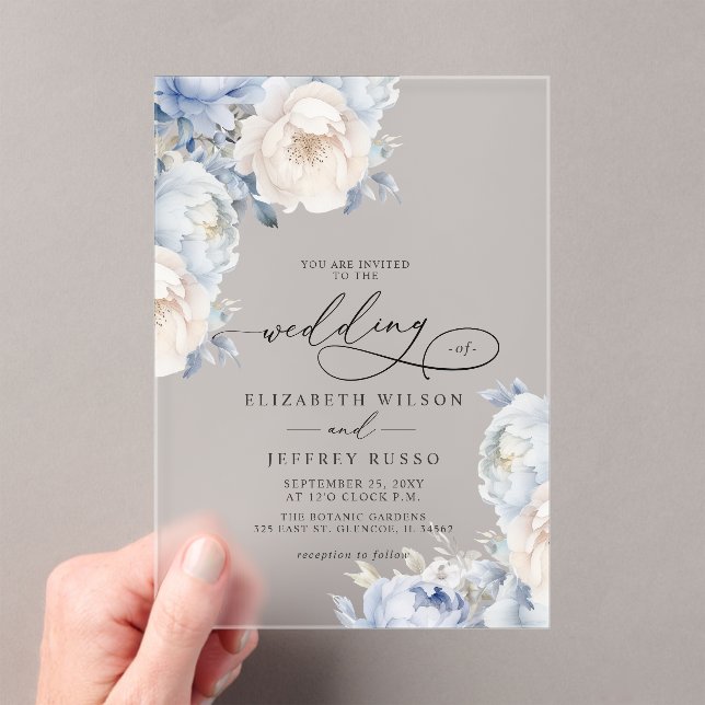 Elegant Dusty Blue Blush Botanical Floral Wedding Acrylic Invitations (Insitu (Handheld))