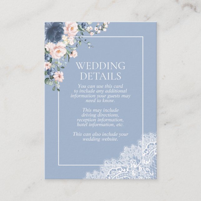 Elegant Dusty Blue Blush Floral Lace Details Enclosure Card (Front)