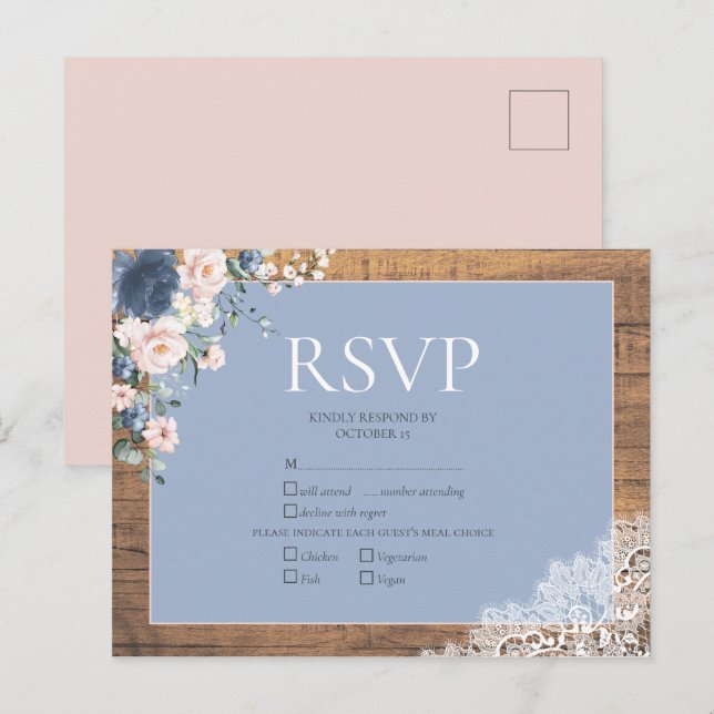 Elegant Dusty Blue Blush Floral Lace Wedding RSVP Invitation Postcard (Front/Back)