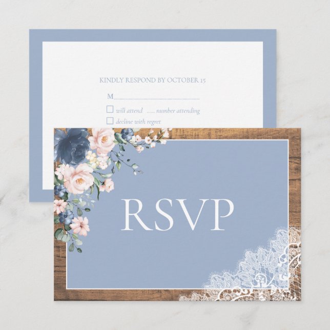 Elegant Dusty Blue Blush Floral Lace Wood Wedding RSVP Card (Front/Back)