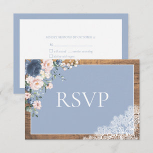 Elegant Dusty Blue Blush Floral Lace Wood Wedding RSVP Card