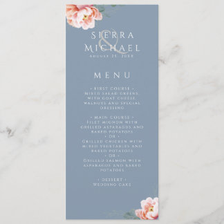 Elegant Dusty Blue Blush Floral Wedding Dinner Menu