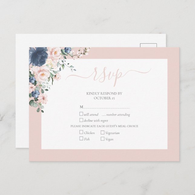 Elegant Dusty Blue Blush Lace Script RSVP Invitation Postcard (Front/Back)