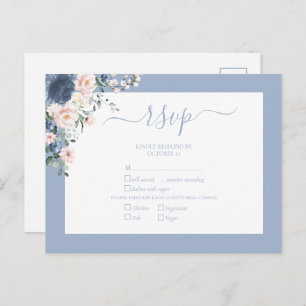 Elegant Dusty Blue Blush Lace Script RSVP Invitation Postcard