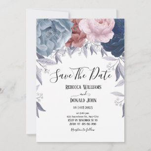 Elegant Dusty Blue Blush Pink Floral Rose Invitation