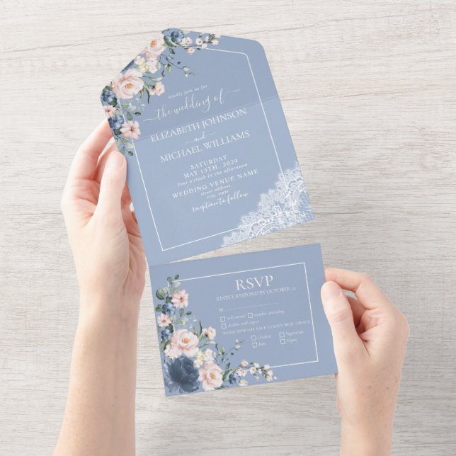 Elegant Dusty Blue Blush Pink Rustic Lace All In O All In One Invitation (Tearaway)
