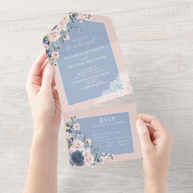 Elegant Dusty Blue Blush Pink Rustic Lace All In One Invitation (Tearaway)