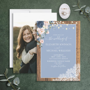 Elegant Dusty Blue Blush Rustic Wood Lace Photo Invitation