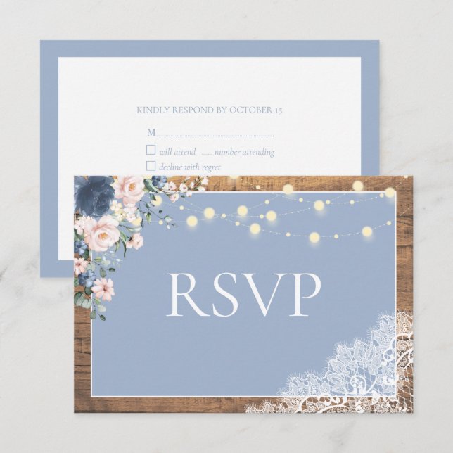 Elegant Dusty Blue Blush Rustic Wood Lace Script RSVP Card (Front/Back)