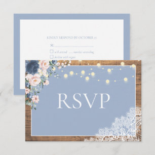 Elegant Dusty Blue Blush Rustic Wood Lace Script RSVP Card