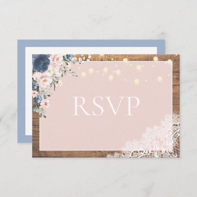 Elegant Dusty Blue Blush Rustic Wood Lace Script RSVP Card (Front/Back)