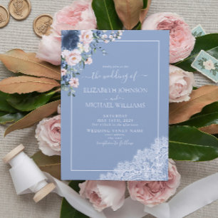 Elegant Dusty Blue Blush Rustic Wood Lace Wedding Invitation