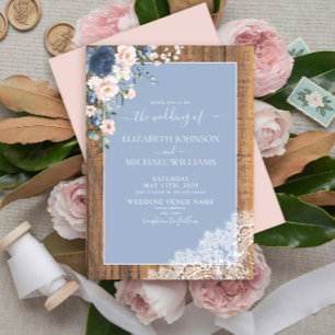 Elegant Dusty Blue Blush Rustic Wood Lace Wedding Invitation
