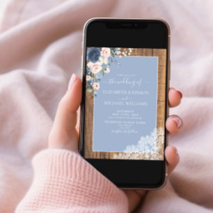Elegant Dusty Blue Blush Rustic Wood Lace Wedding Invitation