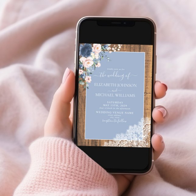 Elegant Dusty Blue Blush Rustic Wood Lace Wedding Invitation (Creator Uploaded)