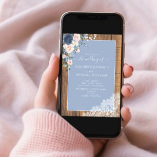 Elegant Dusty Blue Blush Rustic Wood Lace Wedding  Invitation