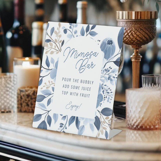 Elegant Dusty Blue Boho Bridal Shower Mimosa Bar Pedestal Sign (Dusty blue floral mimosa bar table top sign)