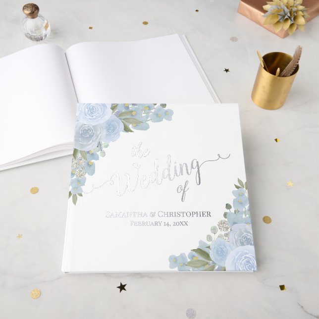 Elegant Dusty Blue Boho Floral Foil Wedding Guest Book (Front Open)