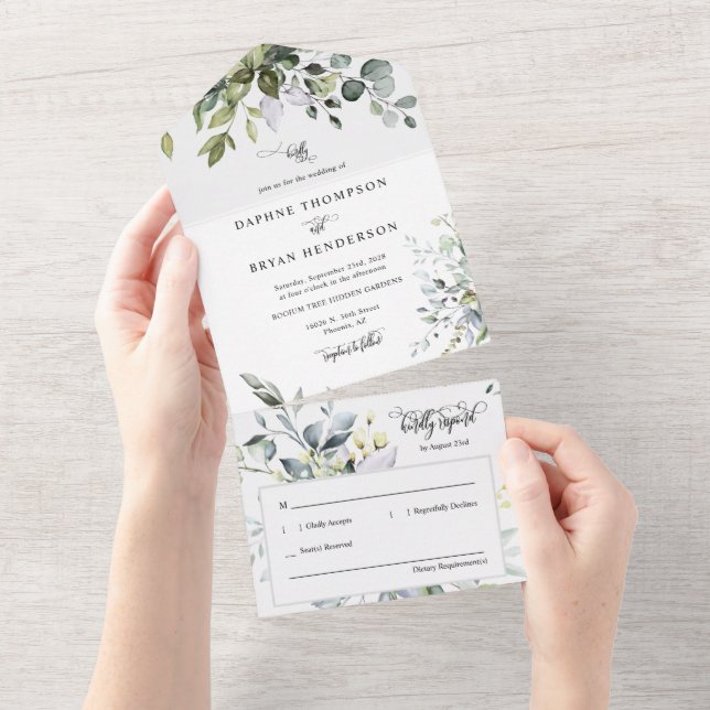 Elegant Dusty Blue Boho Greenery Wedding Photo All In One Invitation (Tearaway)