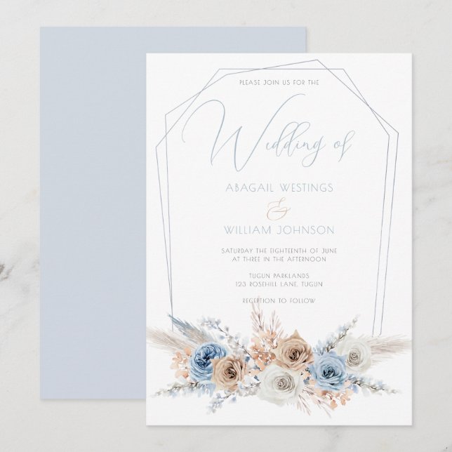 Elegant Dusty Blue Boho or Beach Wedding Invitation (Front/Back)