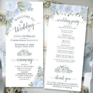Elegant Dusty Blue Boho Watercolor Floral Wedding Programme