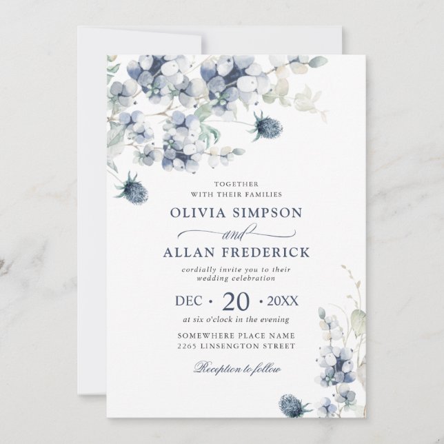 Elegant Dusty Blue Boho Winter Foliage Wedding Invitation (Front)