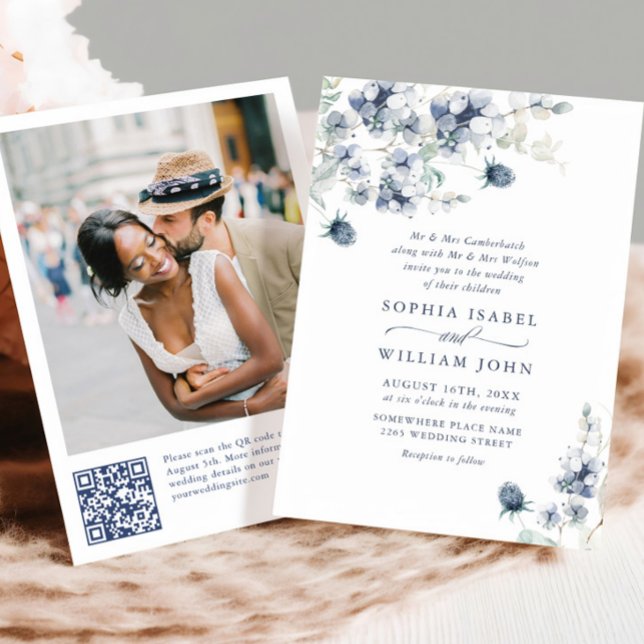 Elegant Dusty Blue Boho Winter Foliage Wedding Invitation (Creator Uploaded)