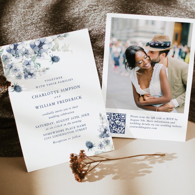 Elegant Dusty Blue Boho Winter Foliage Wedding Invitation (Creator Uploaded)
