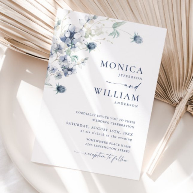 Elegant Dusty Blue Boho Winter Foliage Wedding Invitation (Creator Uploaded)