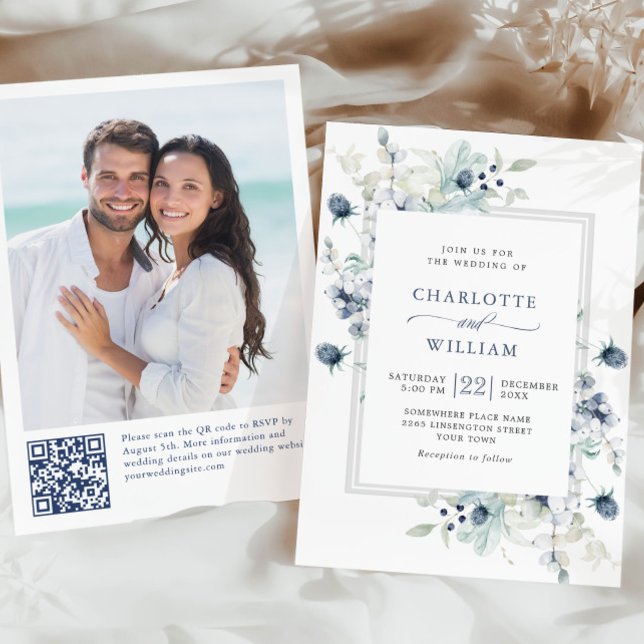Elegant Dusty Blue Boho Winter Foliage Wedding Invitation (Creator Uploaded)