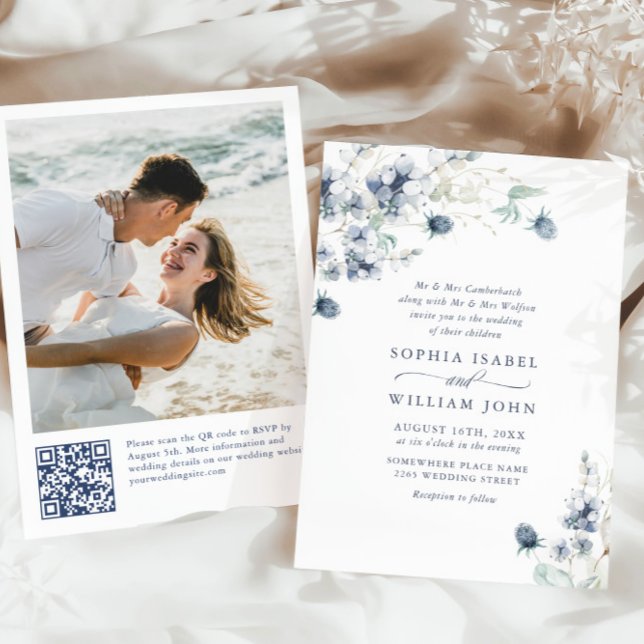 Elegant Dusty Blue Boho Winter Foliage Wedding Invitation (Creator Uploaded)