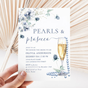Elegant Dusty Blue Boho Winter PEARLS & Prosecco Invitation
