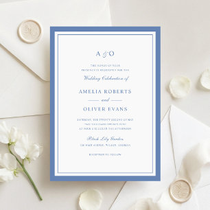 Elegant Dusty Blue Border Frame Wedding Invitation