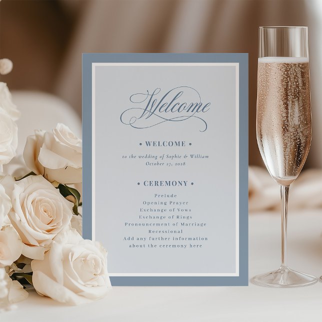 Elegant Dusty Blue Border | Luxe Wedding Welcome Programme (Creator Uploaded)
