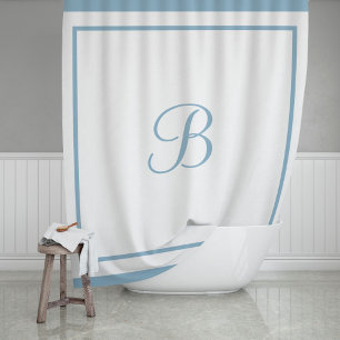 Elegant Dusty Blue Border Script Monogram Shower Curtain