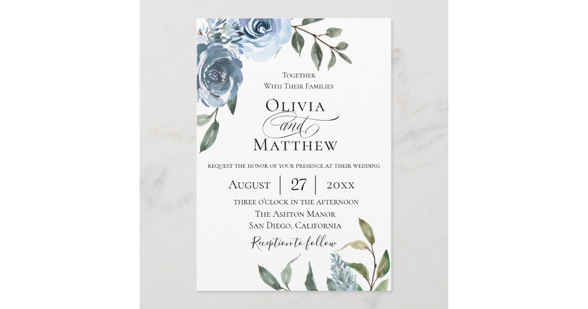 Elegant Dusty Blue Botanical Wedding Invitation Zazzle.co.uk