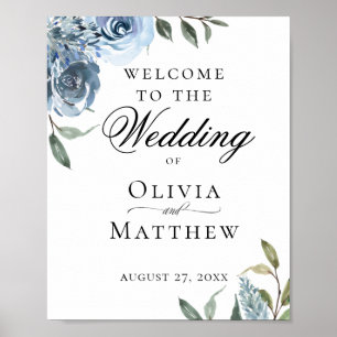 Elegant Dusty Blue Botanical Wedding Welcome Poster