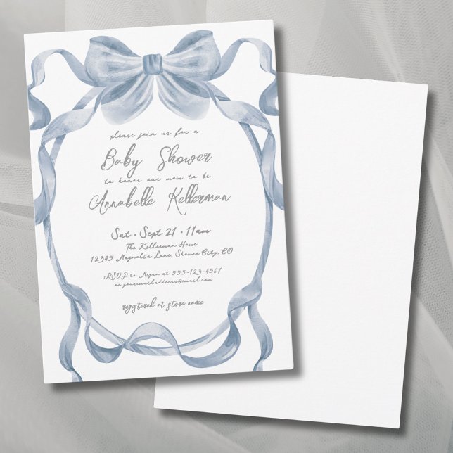 Elegant Dusty Blue Bow Baby Shower Invitation (Elegant Dusty Blue Bow Baby Shower Invitation)