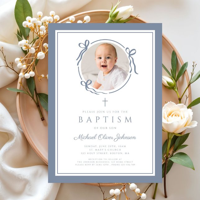 Elegant Dusty Blue Bow Boy Photo Baptism Invitation (Elegant Dusty Blue Bow Boy Photo Baptism Invitation)