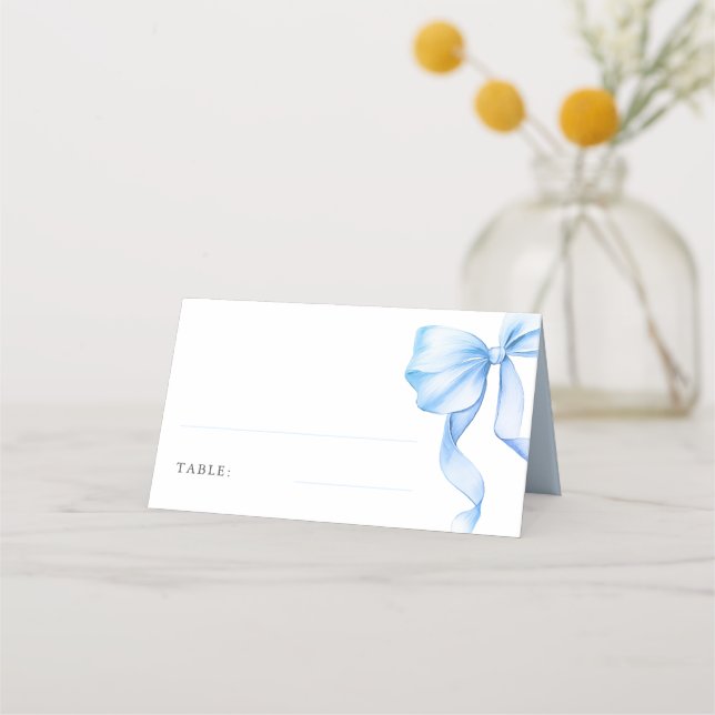 Elegant Dusty Blue Bow Bridal Shower Table Place Card (Front)