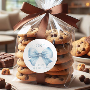 Elegant Dusty Blue Bow First Boy Birthday  Classic Round Sticker